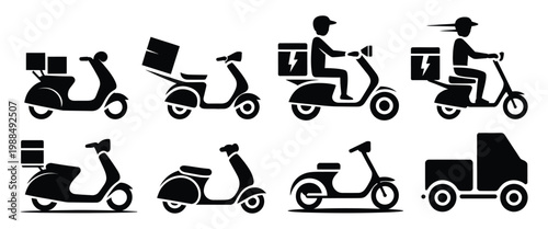 Food delivery scooter courier silhouette icons vector illustration EPS 10, grocery delivery rider symbol fast service transport simple black design