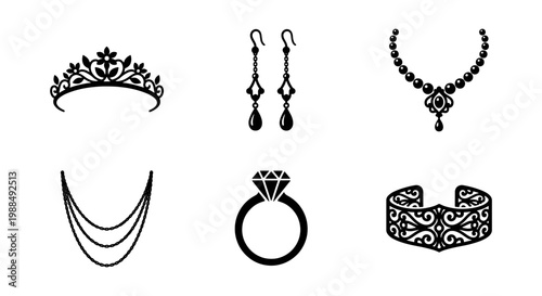 Elegant jewelry icon set with 6 black vector elements, luxury diamond ring and pearl necklace silhouettes, royal tiara and bridal accessories
