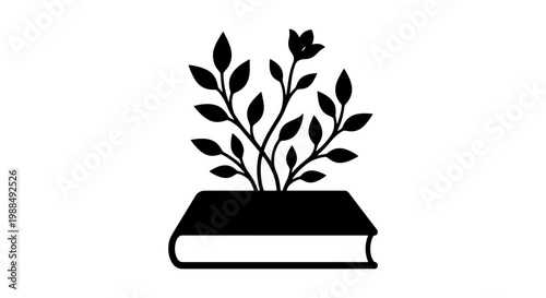 Minimalist book with growing plant vector icon, black silhouette of floral branches emerging from a textbook, literary growth and education symbol
