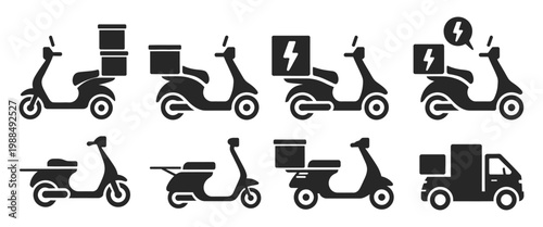 Food delivery scooter courier silhouette icons vector illustration EPS 10, grocery delivery rider symbol fast service transport simple black design
