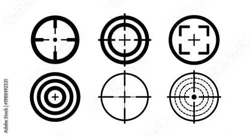 Sniper crosshair target icons set, black weapon aim reticle symbols, 6 military sight bullseye vector elements for gaming and ui design