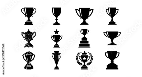 Black trophy cup icons set, 12 champion award vector silhouettes, sports competition winner prize symbols, achievement and success graphic elements