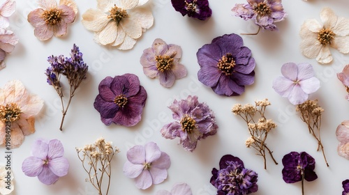 Pastel flat lay with dried flowers forming abstract pattern on white surface