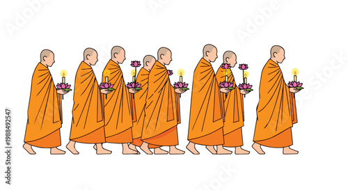 Buddhist Monks with Lotus Flowers and Candles Vector Illustration