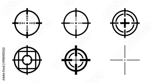 Sniper crosshair icon set, 6 black vector aim reticle symbols, tactical target sight marks for gaming and military UI design
