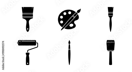 Minimalist paint brush icon set, black silhouette art supplies collection, 6 vector elements for painting and home renovation projects