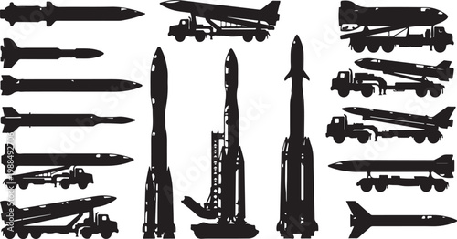 Military missile, rocket, and bomber aircraft icons, black silhouette vector set