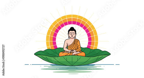 Buddha Meditating on Lotus Leaf Illustration for Vesak Day Celebration