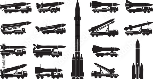 Missile, rocket, and launcher vector icons, military defense symbols, black silhouettes, 20 elements
