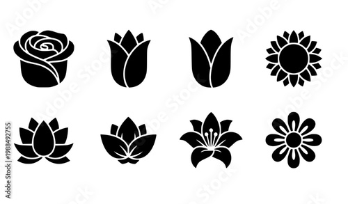 Minimal Black Flower Silhouette Icon Pack Rose Tulip Sunflower Lotus Lily Daisy Vector Set