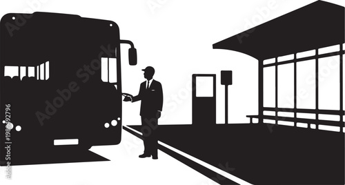 Black silhouette city bus stop, man waiting, transportation icon, urban travel symbol