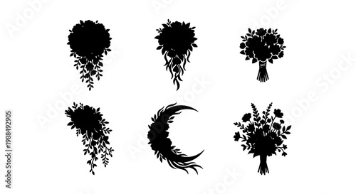 Floral wedding bouquet silhouettes, set of 6 botanical flower arrangements, black bridal blossom icons, elegant nature vector elements for invitations
