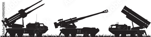 Military tank silhouettes, army vehicle icons, combat equipment illustrations, black military vehicles