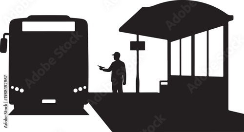 Black silhouette city bus stop, public transportation icon, urban commute, traveler graphic