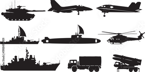 Military vehicles, aircraft, and ships, black silhouettes, 10 icons, vector graphics