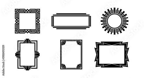 Art Deco frame collection with 6 geometric borders, vintage 1920s style decorative frames, black linear vector ornaments for luxury invitations