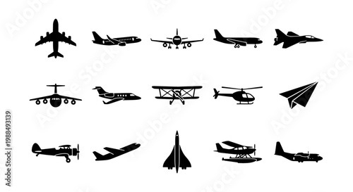Black airplane silhouette icons set, 15 aircraft vector elements, commercial aviation and military plane symbols, flight transportation graphics