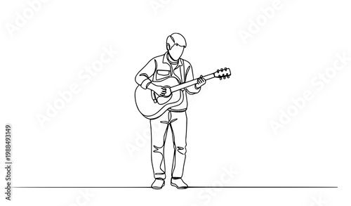 Continuous one line drawing of street musician playing acoustic guitar minimalist line art vector illustration