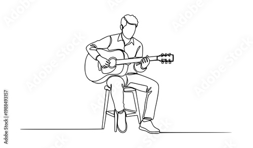 Abstract continuous line art of seated street guitarist playing music minimalist vector illustration