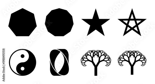 Minimalist black geometric icons set, 8 vector symbols including stars and polygons, spiritual yin yang and fractal tree elements for logo design