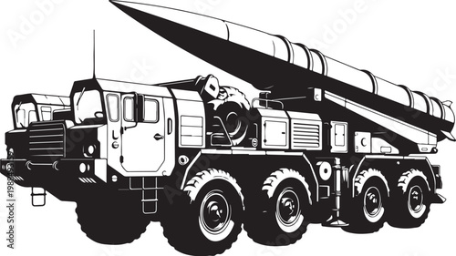 Missile Launcher Truck, Military Vehicle, Black and White Illustration, Vector Graphic