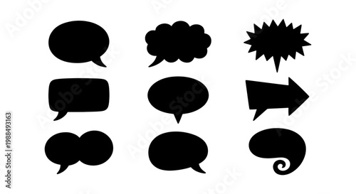 Black speech bubble silhouettes set, comic book chat clouds and thought bubbles, 9 vector communication icons for social media and messaging