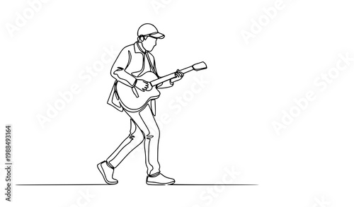 Modern continuous one line drawing of walking street musician playing guitar dynamic line art vector
