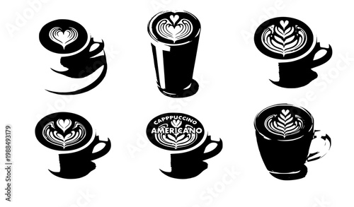 Coffee beverages set espresso latte cappuccino cups with latte art realistic vector isolated on white background