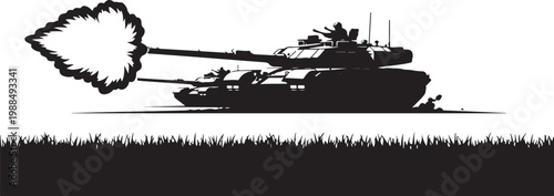 Tank silhouette, military vehicle icon, black illustration, explosive blast