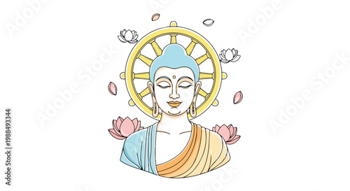 Flat 2D Buddha Illustration for Vesak Day with Dharmachakra and Lotus Flowers