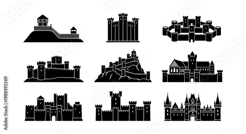 Medieval castle silhouette icons, set of 9 black fortress vector elements, ancient stone citadel and palace architecture for historical branding