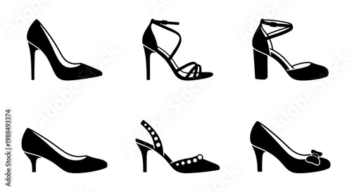 Elegant women's high heel shoes icons, set of 6 black silhouette footwear vectors, stylish stiletto pumps and strappy sandals for fashion design