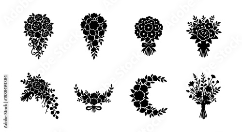 Black floral bouquet silhouettes, set of 8 wedding flower arrangements, decorative botanical vector elements for bridal invitations and greeting cards