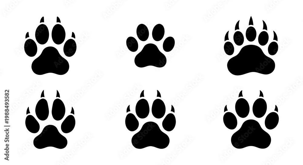 Fototapeta premium Animal paw print vector icons set, black predator footprints with sharp claws, 6 wild beast track silhouettes for hunting and nature design