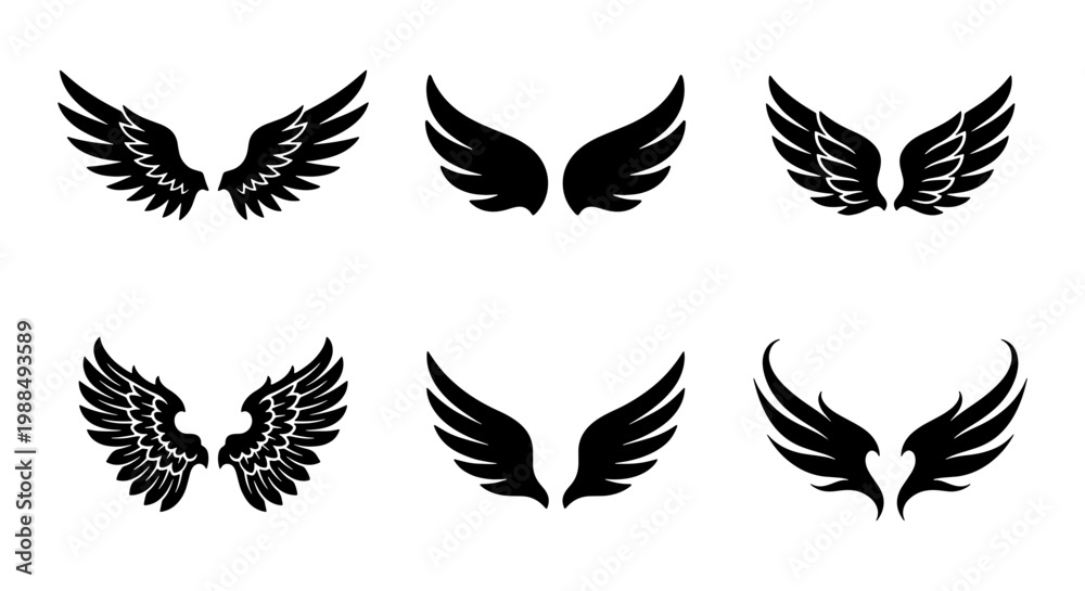 Fototapeta premium Black wing silhouettes set, 6 pairs of decorative bird wings, heraldic eagle and angel wing icons, minimalist vector graphic elements for logos