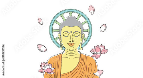 Peaceful Buddha meditation with lotus flowers and Dharma wheel flat 2D