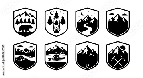 Vintage mountain adventure badges, set of 8 outdoor wilderness emblems, black and white nature shield icons for camping and hiking apparel