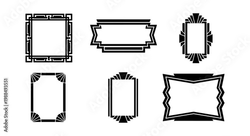Art Deco vintage frames set, 6 black geometric border elements, retro 1920s Gatsby style decorative labels, elegant vector ornaments for wedding invitations