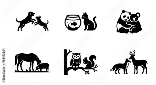 Minimalist animal friendship icons, black silhouette pet and wildlife collection, set of 6 vector illustrations for veterinary and nature branding