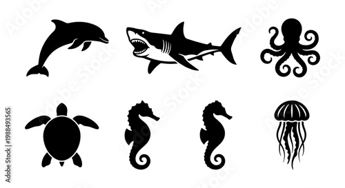 Black sea animal silhouettes set, collection of 7 aquatic life icons including shark and dolphin, marine creature vector illustrations for logo design