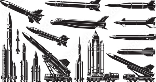 Military missile launchers, rockets, and fighter jets, black and white vector illustrations, 25 elements