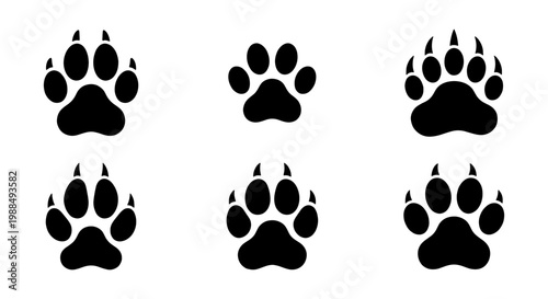 Animal paw print vector icons set, black predator footprints with sharp claws, 6 wild beast track silhouettes for hunting and nature design