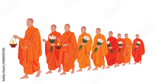 Buddhist Monks Procession for Vesak Buddha Day Flat 2D Illustration