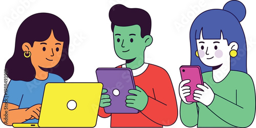 Diverse young adults using laptop tablet and smartphone vector art