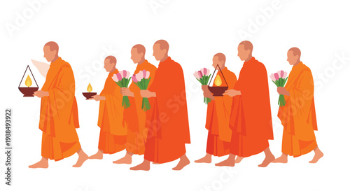 Buddhist monks in orange robes walking with flowers and lamps for Vesak Day