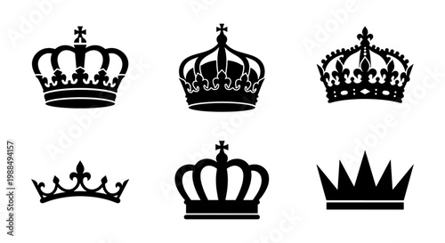 Vintage royal crown silhouettes, set of 6 black heraldic crowns, elegant king and queen tiara icons, majestic imperial headwear vector elements