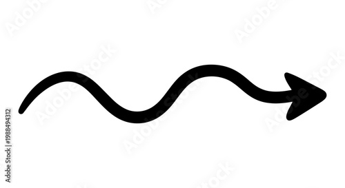 Hand drawn wavy arrow vector, black ink doodle arrow pointing right, minimalist sketchy directional pointer for infographics and design