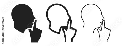Keep quiet gesture icon set silence secret prohibition vector illustration, finger on lips symbol flat line glyph and outline design