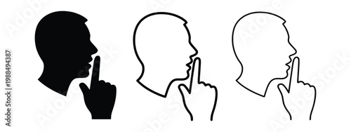 Keep quiet gesture icon set silence secret prohibition vector illustration, finger on lips symbol flat line glyph and outline design