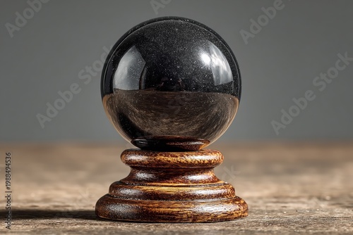 Mystical Orb: A close-up shot of a captivating, glossy, obsidian sphere resting on an intricately crafted wooden base, exuding an aura of mystery and contemplation.